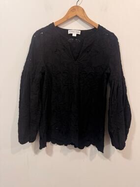 A Tout Age Black Floral Embroidered Scallop Edge Cotton Blouse Size S Boho